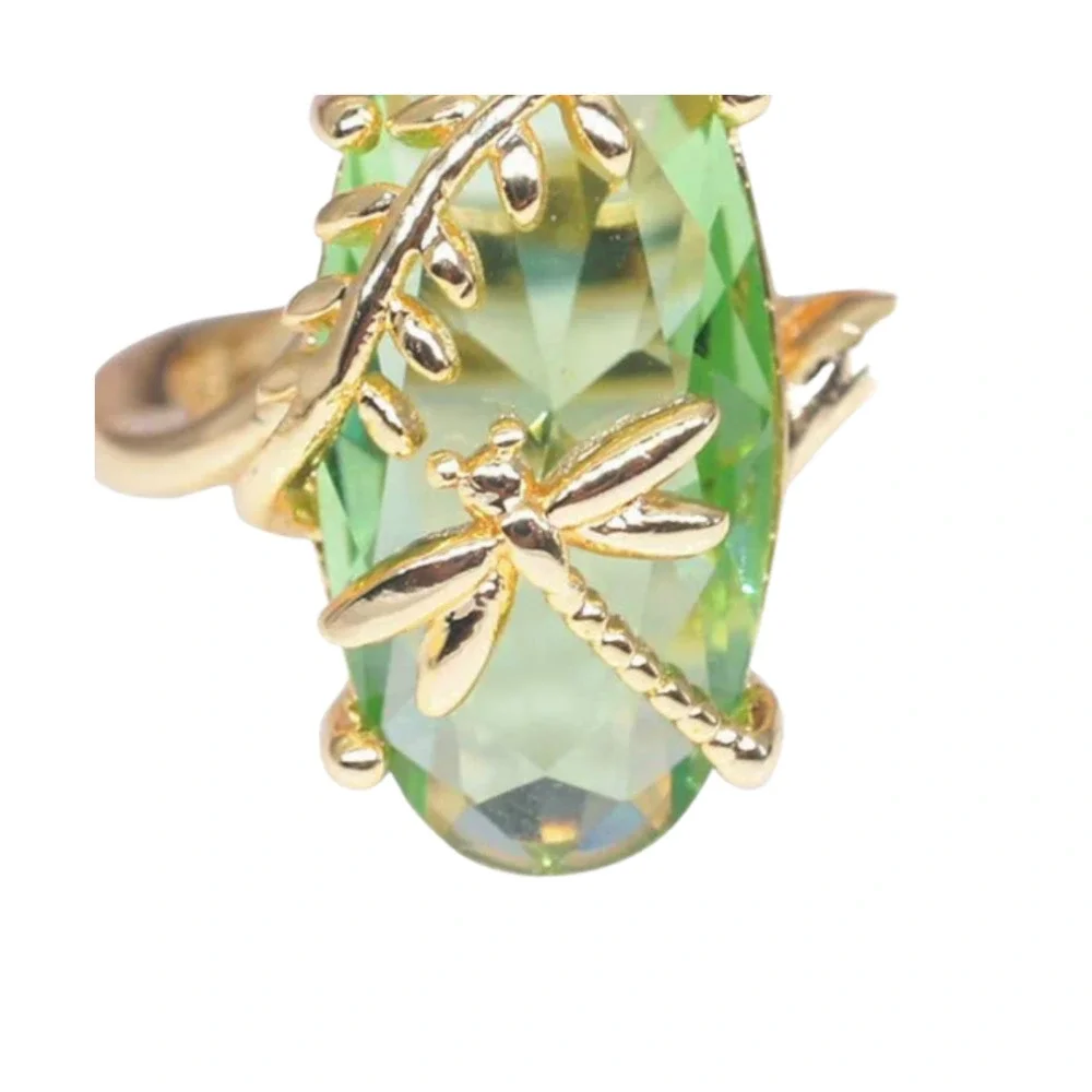 Dragonfly Green Gold Cocktail Ring Big Crystal Statement Ring Reduced Shipping! - Picture 2 of 7